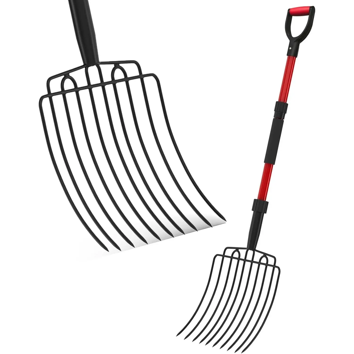 Pitch Fork for, Wide Pitchfork with 10 Tines, Fork with Fiberglass Handle 44-Inches, Coop Pitchforks for Manure, Mulching, Composting, Red