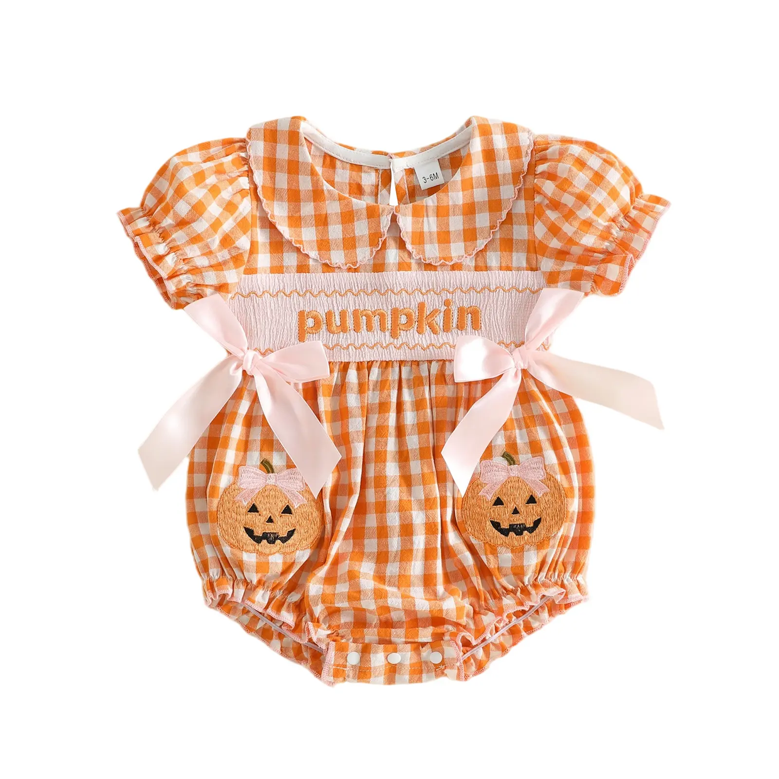 Babamoon Newborn Infant Baby Girl Halloween Romper Ghost Embroidery Plaid Short Sleeve Jumpsuit Onesie Bodysuit