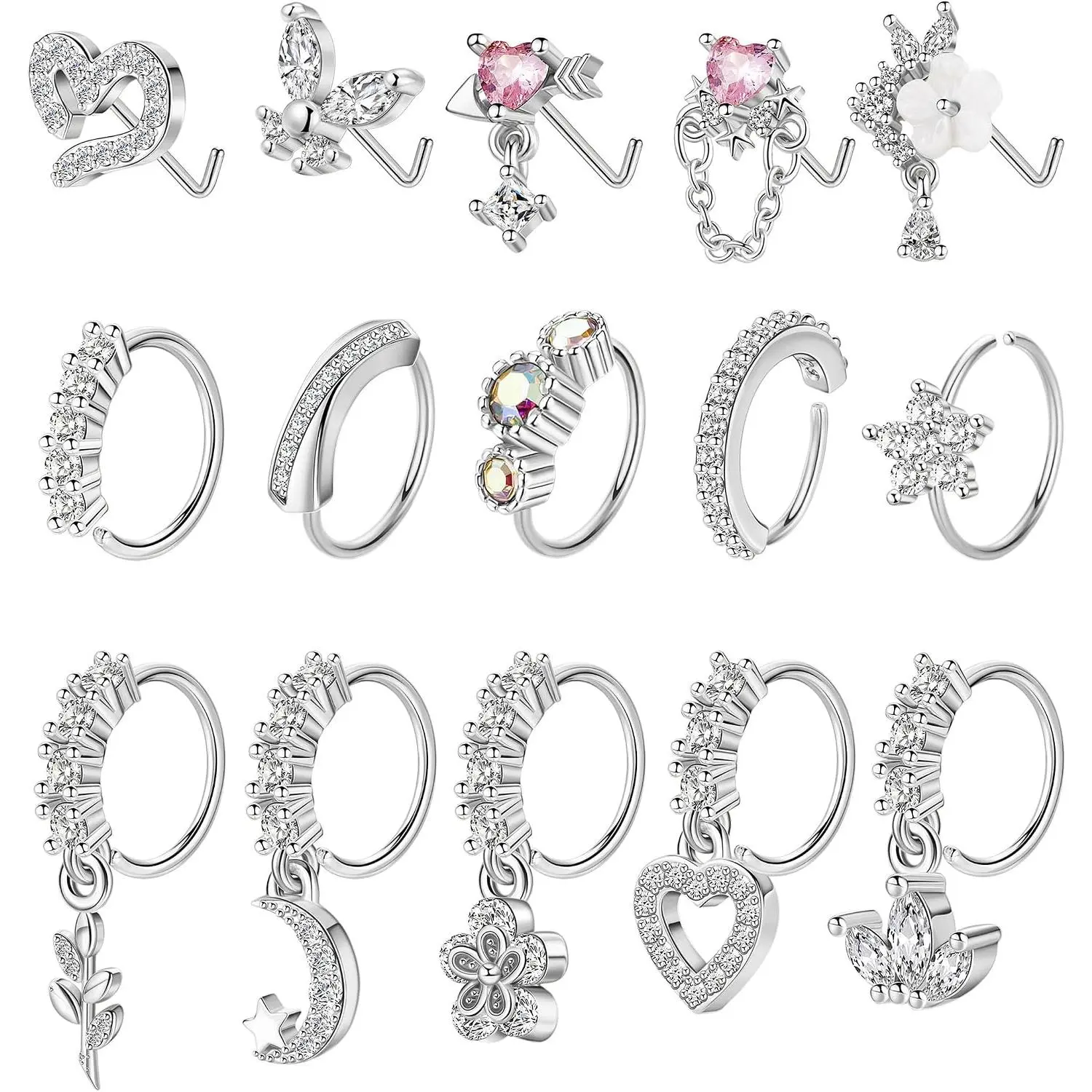 15 count 20G 316L Stainless Steel Dangle Nose Rings Hoop for Women L Shape Nose Stud CZ Heart Flower Butterfly Nose Rings