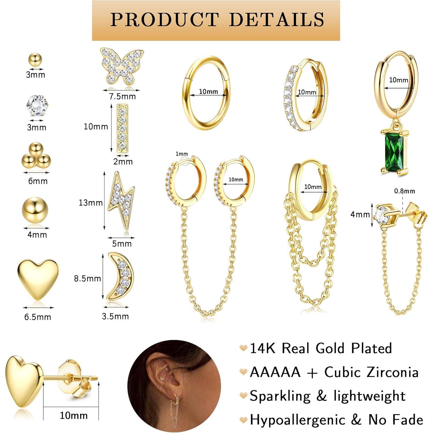 ZELORES 29Pcs 14K Gold Plated Earrings Set for Women Moon Heart Butterfly CZ Bead Huggie Hoops Studs for Multiple Piercings