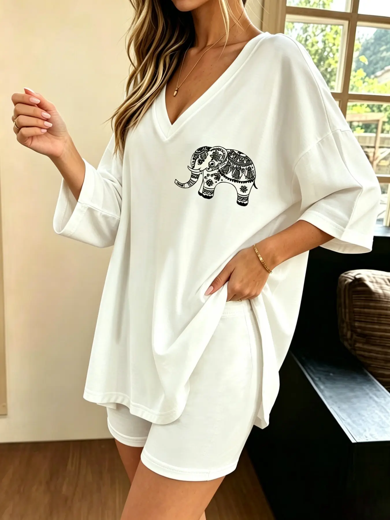 Summer Women's Sporty Outdoor Pajama Set, Casual Short Sleeve Shorts Elephant Print, Comfortable Skin-Friendly
