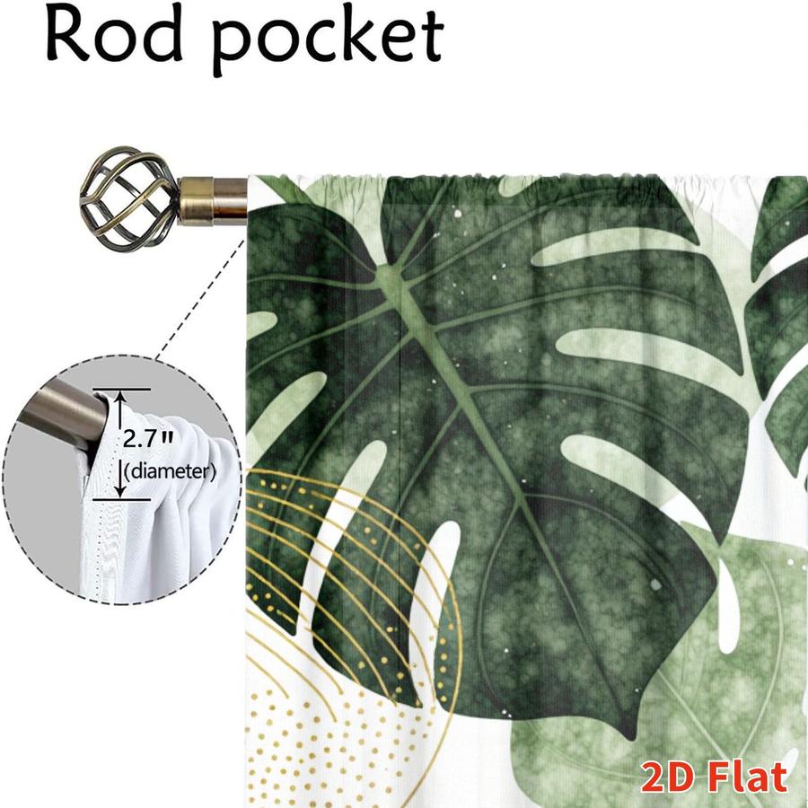 2Pcs Tropical Botanical Gold Green Leaf Sun Blocking Curtains Digital Printed Rod Pocket, Window Treatment For Bedroom Office Kitchen Living Room Study Home Decor