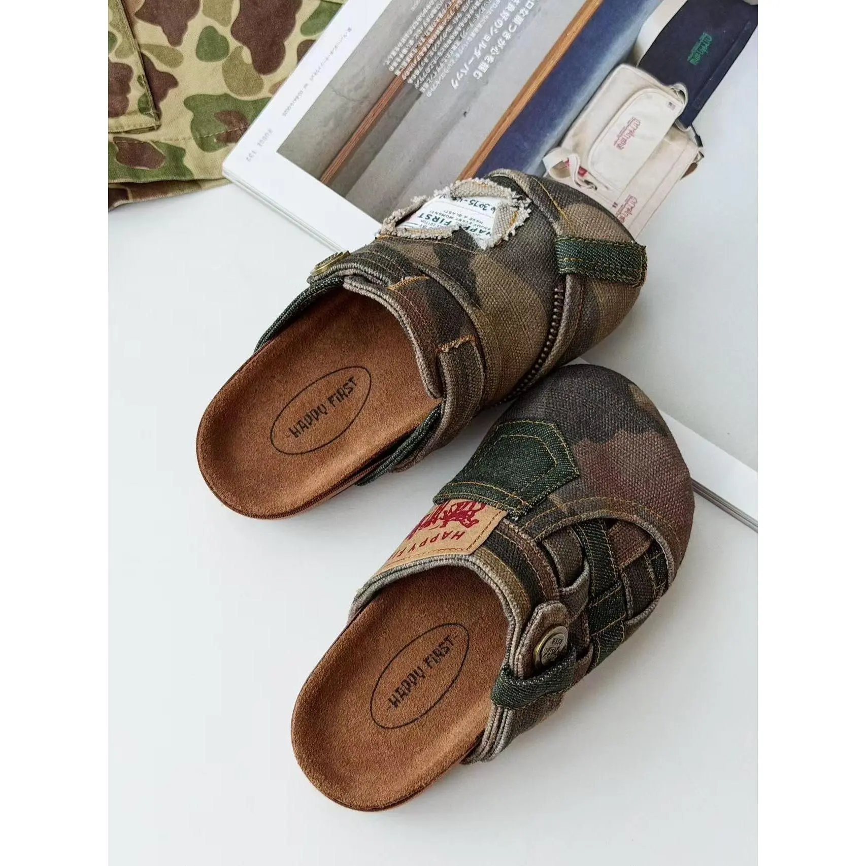 Adult Size 35 Handmade Denim Cotton Clog Sandals - Footwear Shoe, Thick Cork Sole, Leather Insole, Elastic Adjustable Heel Strap, Rubber Round Toe, Wedge, Casual Indoor/Outdoor Walking Shoes (1 Pair)