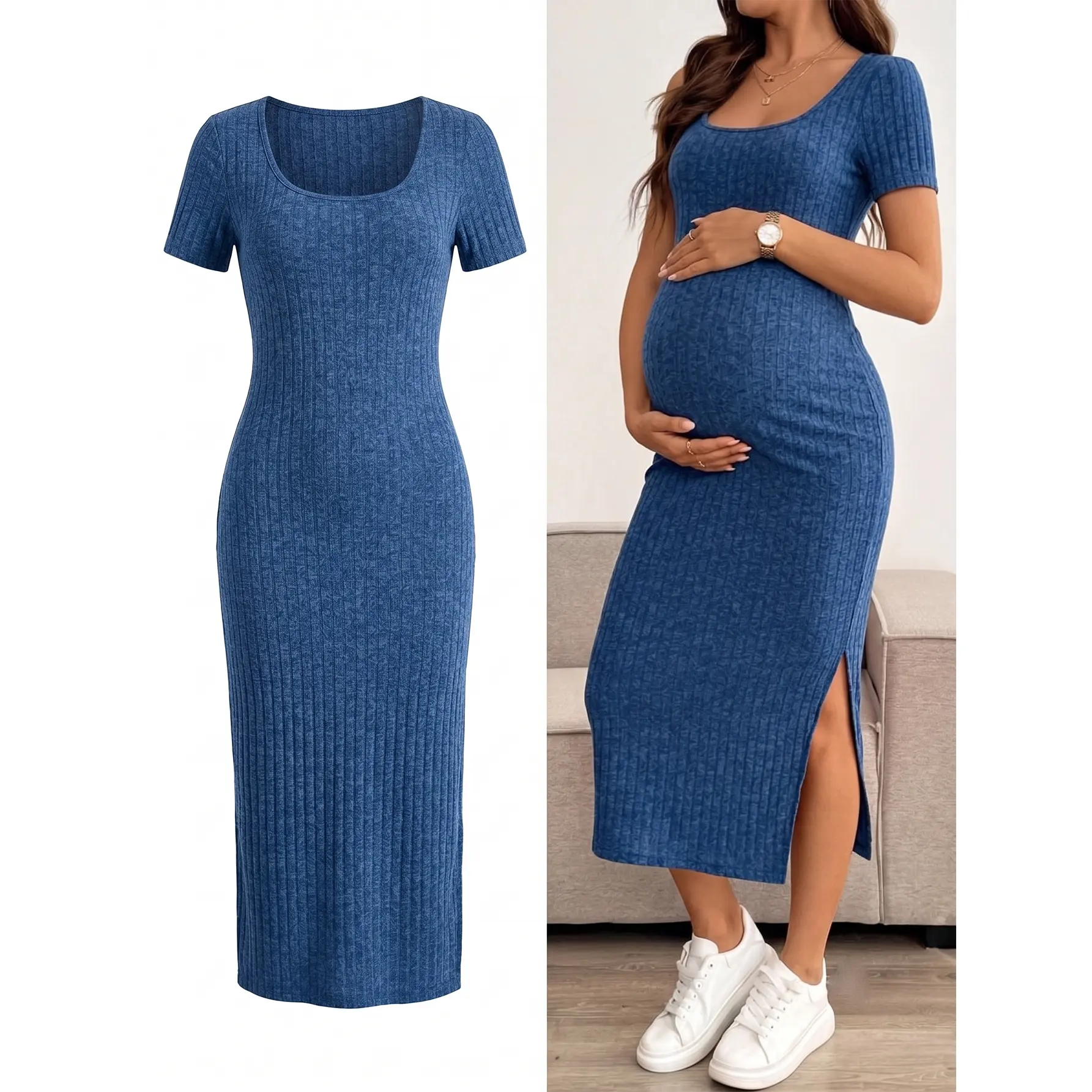 Women's Maternity Short Sleeve Crew Neck Dress - Summer Casual Blue, High Stretch Polyester Knit, Hip-Hugger Cut, Modest Party, Comfortable Versatile Maternity Wear, Dress For Birthdays