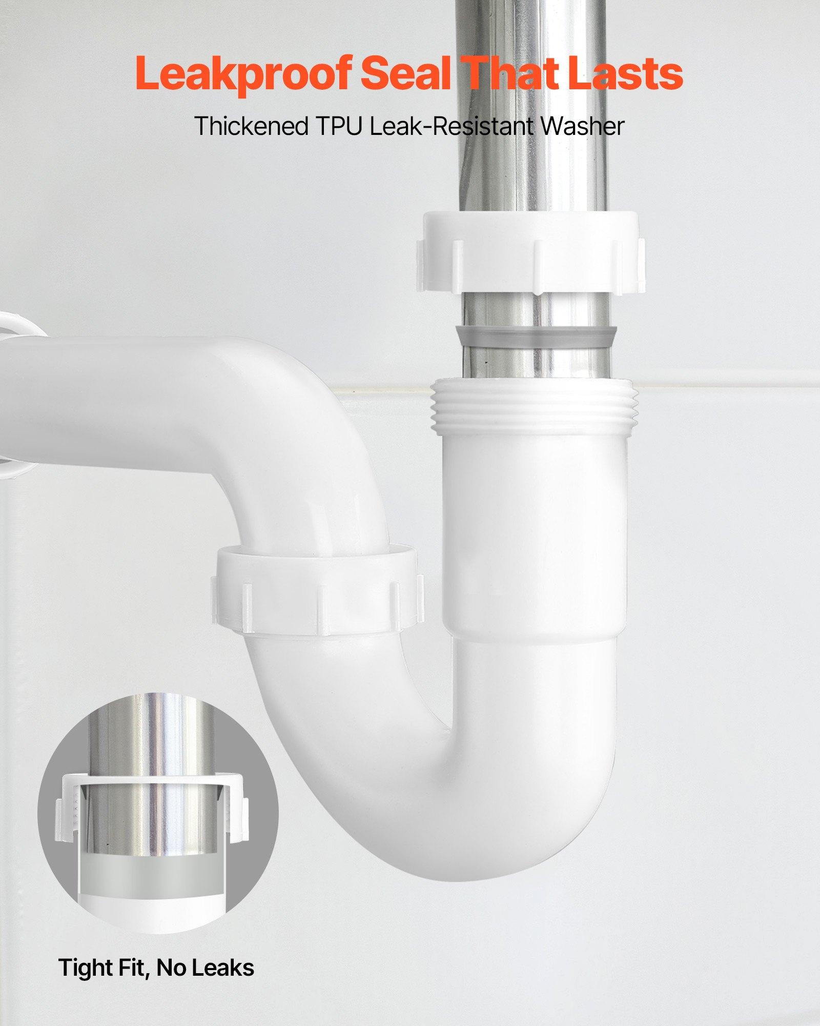VEVOR P-Trap, 1-1/2 Inch P Trap Sink Drain Pipe Kit with Threaded Adapter and TPU Leak-Resistant Washers, PP Plastic Pipe Basin Waste Kit, Under Sink Plumbing for Kitchen Bathroom Sewer Drain, White