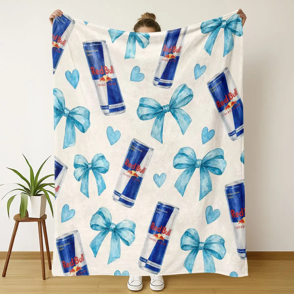 Blue Bow Energy Drink Blanket, Aesthetic Soft Throw Blanket, Cute Fleece Blanket, Cozy and Stylish Home Decor Accessory
