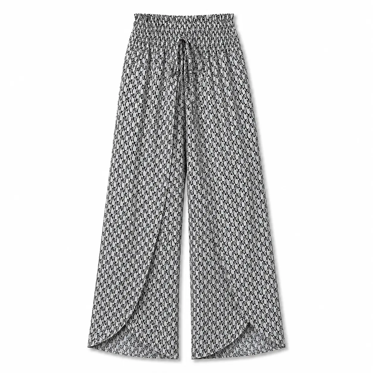 Women’s Geometric Print Wide Leg Pants, High Waist Smocked Drawstring Palazzo Trousers with Tulip Hem, Loose Flowy Casual Pants for Vacation, Beach, Travel, Resort and Everyday Wear