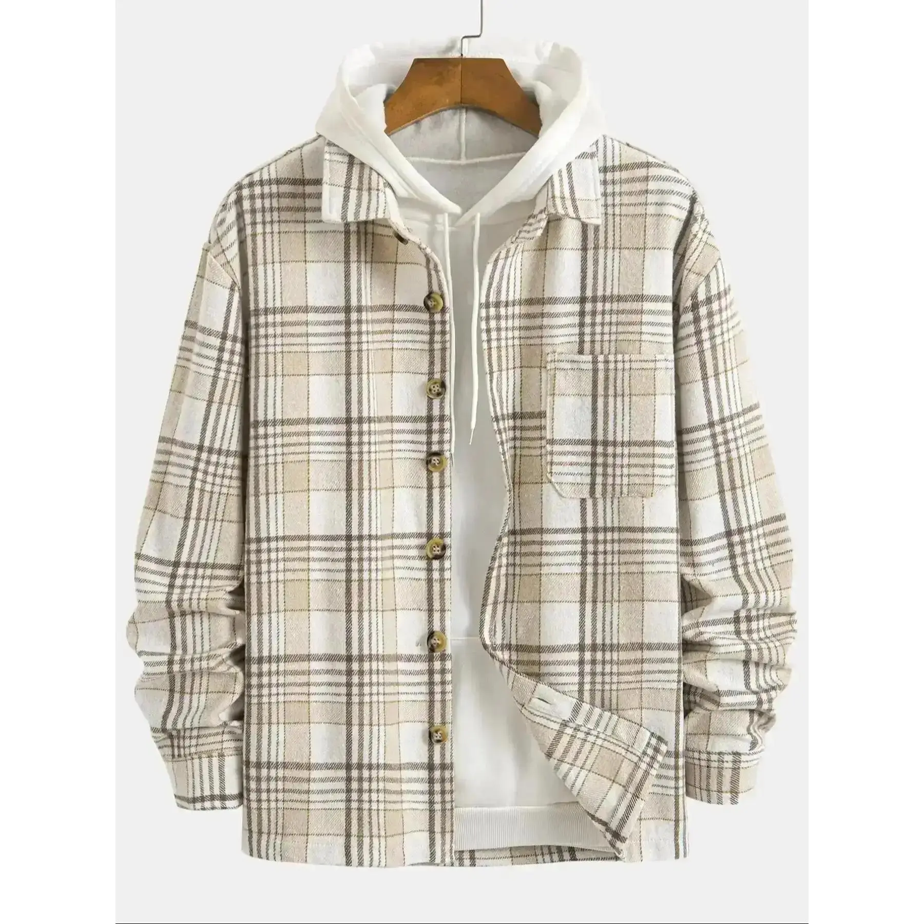 Men's Classic Plaid Collared Shirt - 100% Polyester Menswear, Button-Front, Pocket, Regular Fitted Cut, Long-Sleeve, Casual Spring & Fall Top for Daily Wear, Comfortable Versatile Essential, Longsleeves