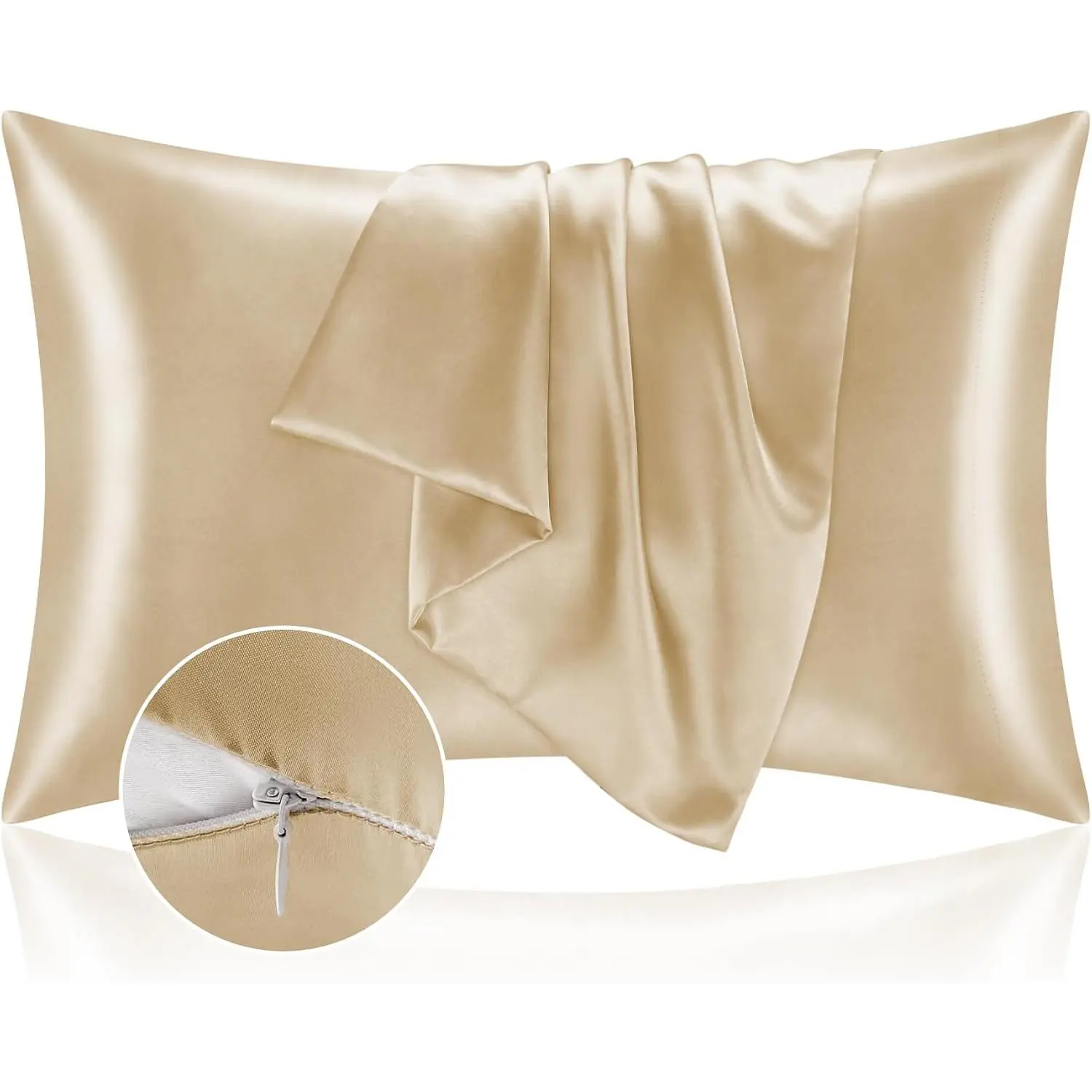 Zipper Pillowcases, King Size 20"x36", Champagne, Set of 2| Similar to Silk Pillow, Soft and Pillow Case for Hair and Skin, Reduces Friction, Gift for Women and Men