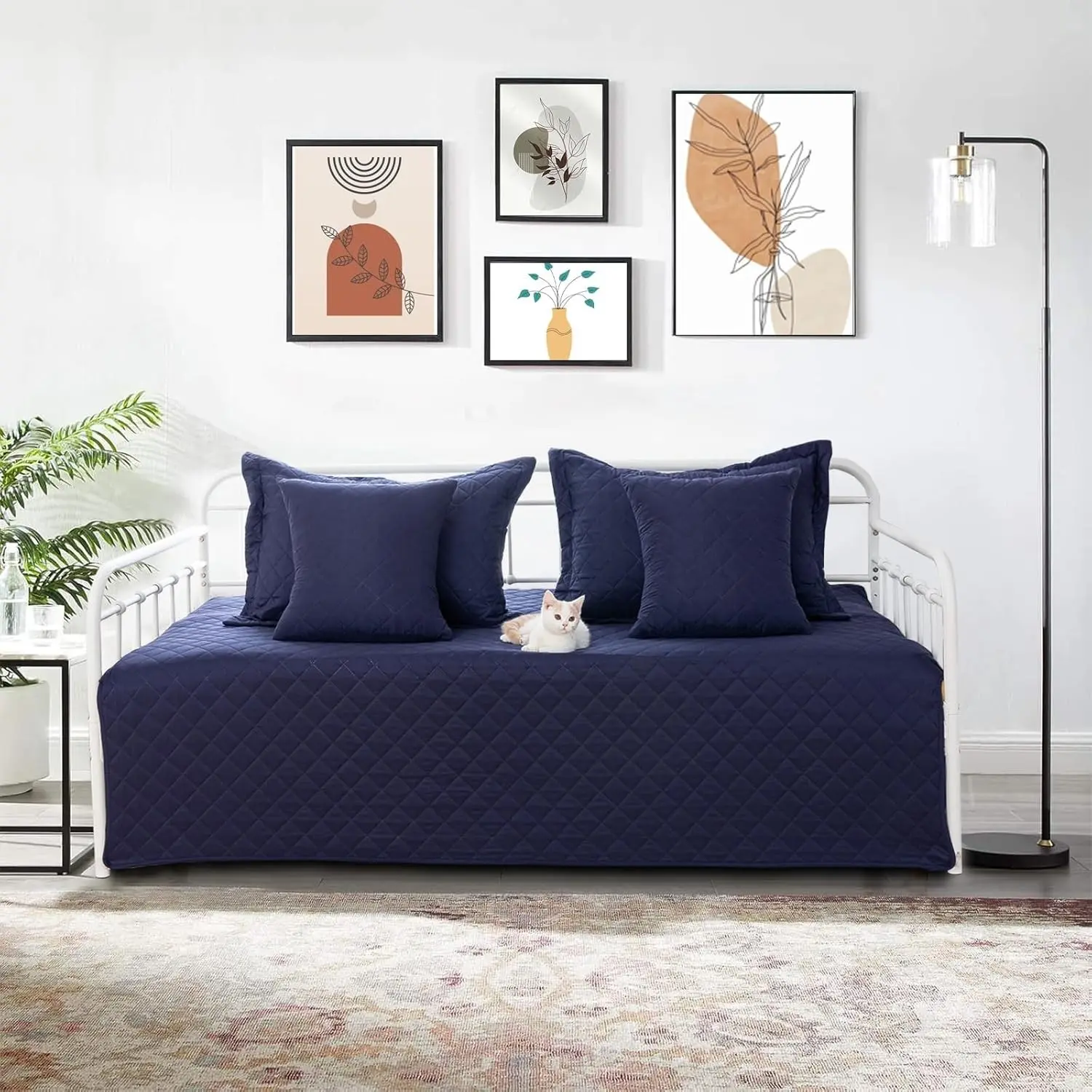 5 Piece Twin Daybed Cover Set All Season Lightweight Daybed Comforter Bedding Set with Matching Shams Decorative Pillows Double Sided Quilting 39"x75" Navy Blue