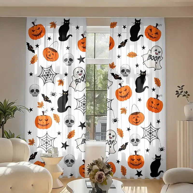 2-piece set - Halloween cartoon elements - Printed semi-transparent curtains, pumpkin lanterns, cats, ghosts, skulls, spider webs, etc. prints. Suitable for living rooms, bedrooms, home decoration. Hand washable, machine washable, durable.