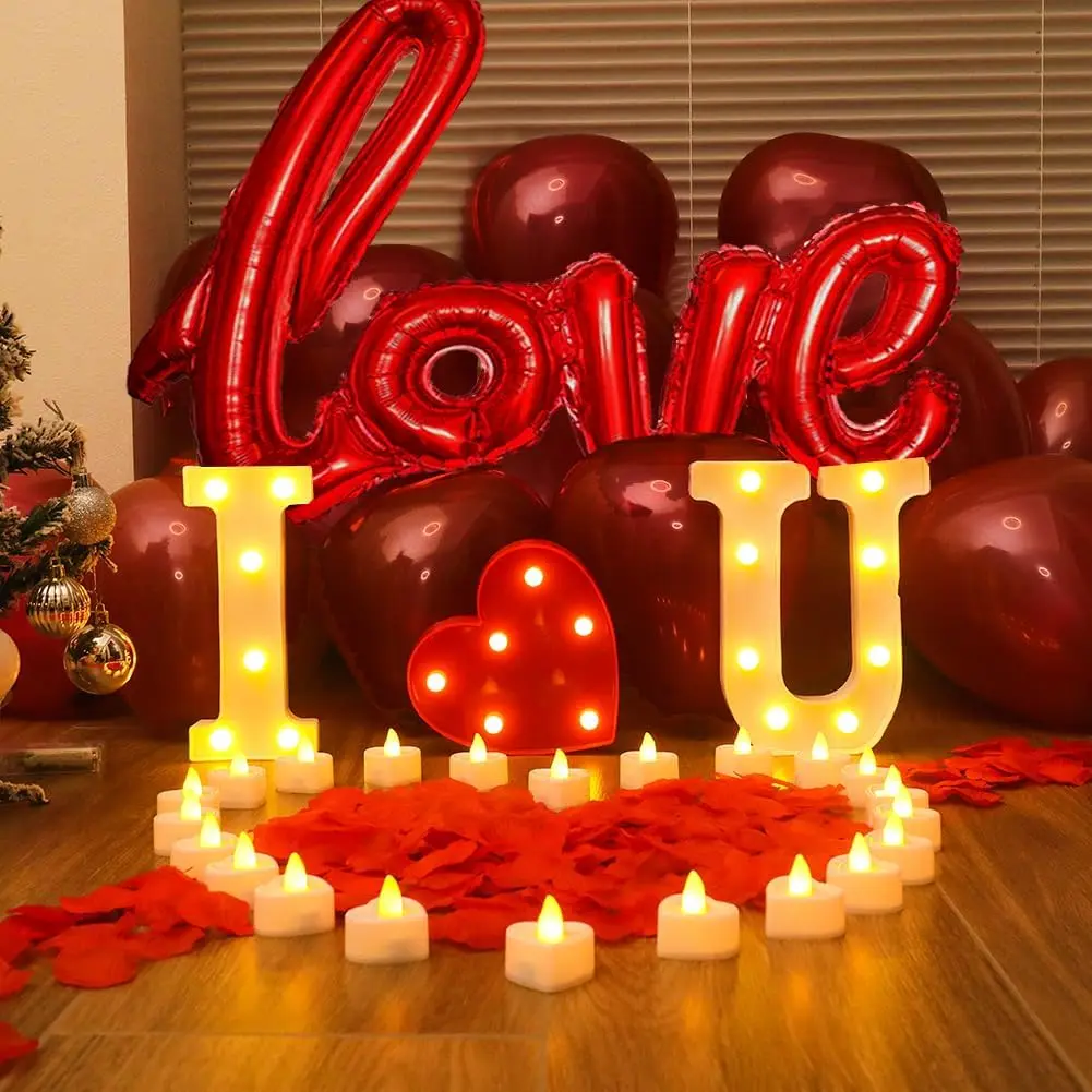 I Love U Light Letters Valentine Day Red Light Letters 24 count Flameless Candles 1000 count  Rose Petals 30 count Red Balloons 1 count Love Balloons for Valentine's Day Decoration