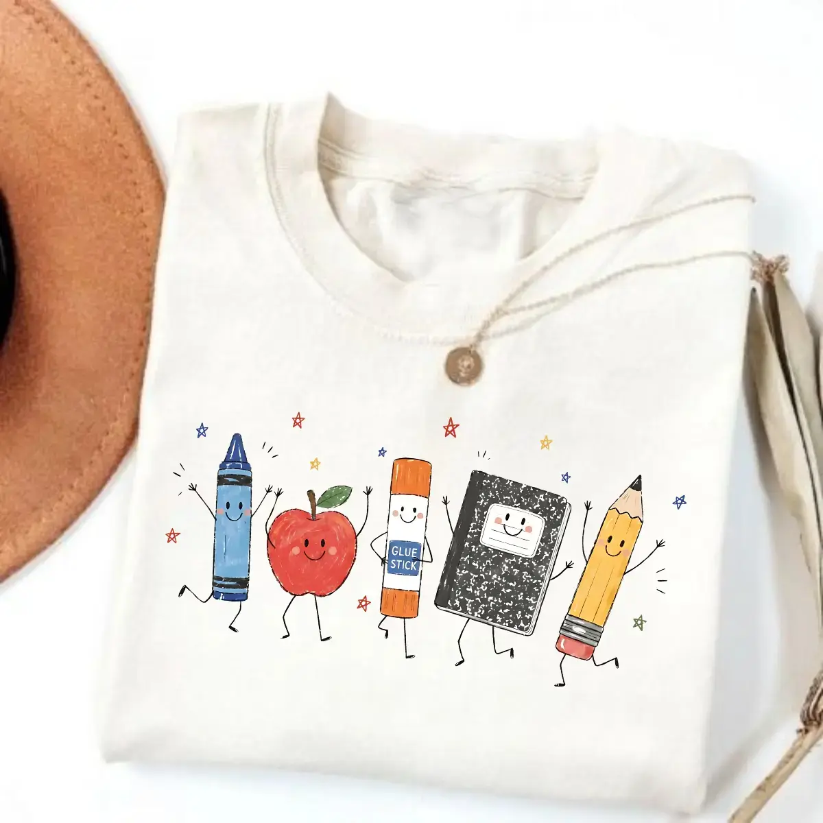 Comfort Colors Cute School Supplies Heritage Graphic Tee, Aesthetic Back To School Spirit Shirt, Radiant Teacher Crayon Apple Pencil Notebook Top, Thoughtful Classroom Sublimation Gift Boutique Heritage Apparel