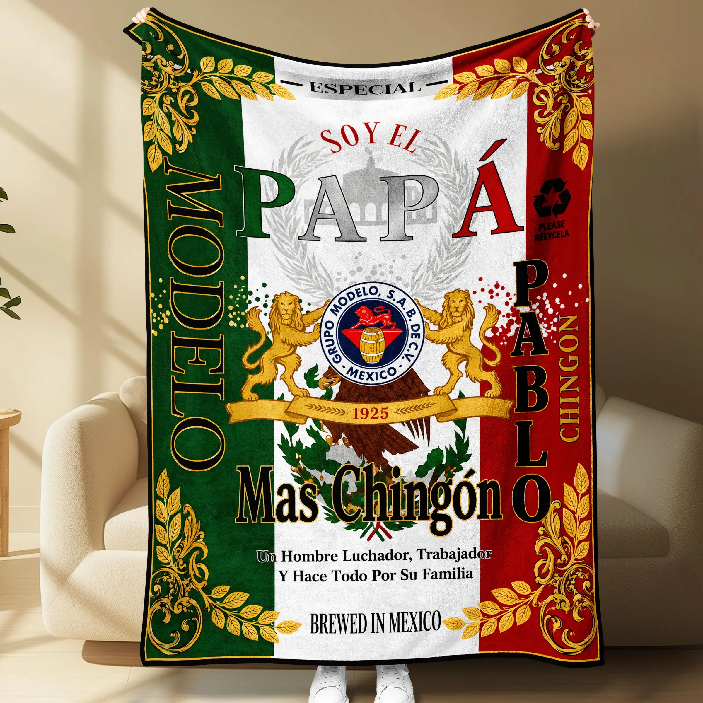 Mexican Dad Modelo Flannel Throw Blanket, Soft Cozy Warm Fleece, Mexico Flag Gold Crest, Father’s Day Home Decor, Halloween Gift