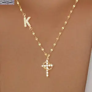 Zircon Cross Charm Necklace for Women – Stainless Steel Layered Pendant Chain Jewelry, Trendy Evil Eye & Letter Statement Necklace, Minimalist Fashion Clavicle Chain, Everyday Wear Accessory & Gift for Her