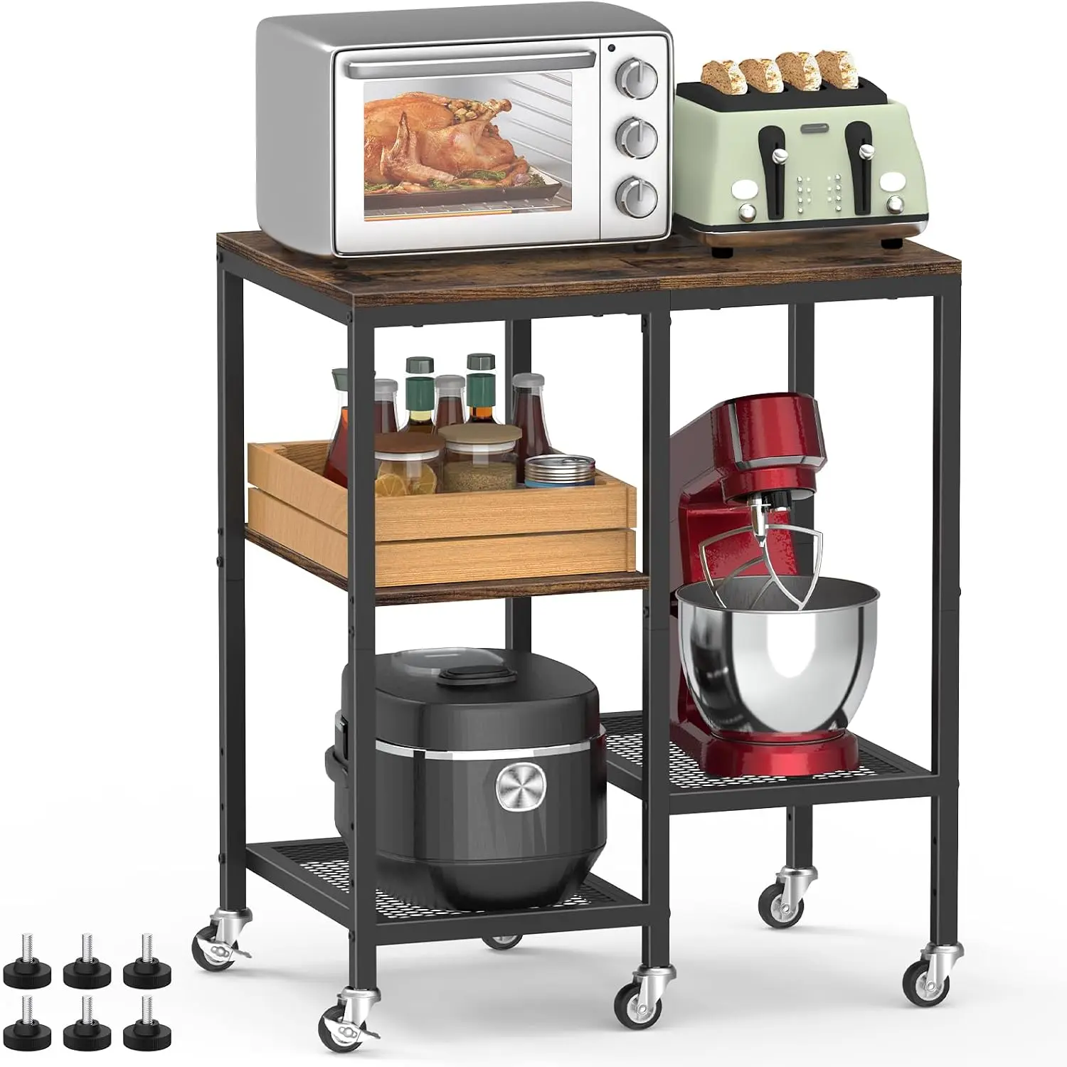 4-Tier Antique Look Brown Rolling Kitchen Microwave Cart with Lockable Wheels, Metal Mesh & Solid Panels, Multi-Purpose Open Storage Utility Cart for Spices, Pots, Living Room/Coffee Station Use