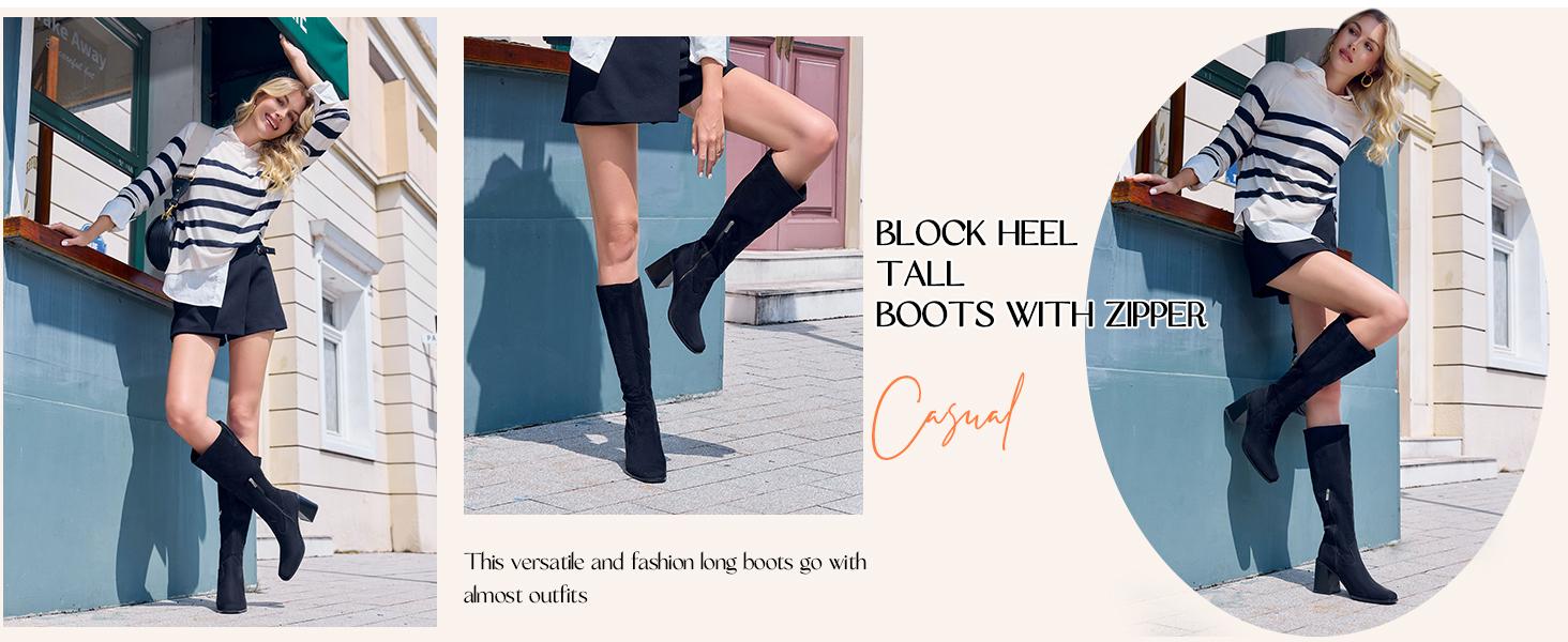 Coutgo Women's Knee High Boots Wide Calf Square Toe Chunky Heeled Pull-on Boot