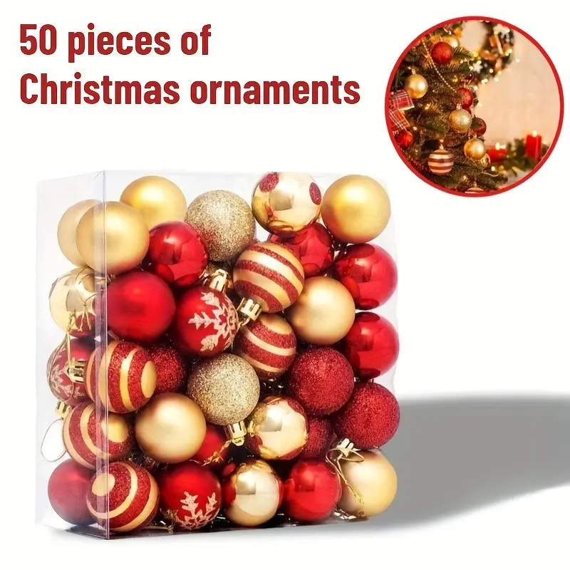 50Pcs Red Gold Christmas Decorative Balls, Glitter Holiday Ornaments, Home and Mall Christmas Atmosphere Decoration