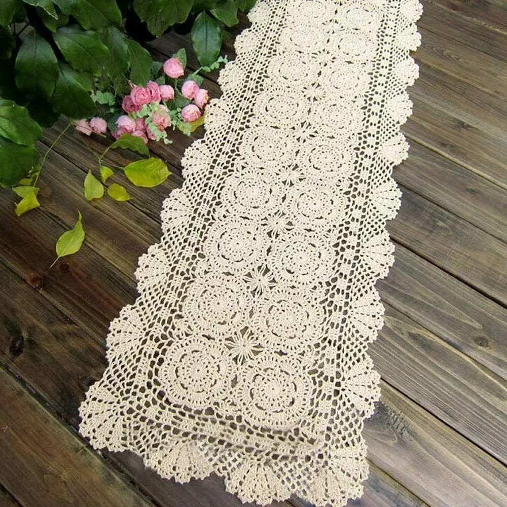 Lace Table Runner Rectangular Table Cover Cloth  Crochet Floral Placemats   (Floral Beige, 15x39Inch)
