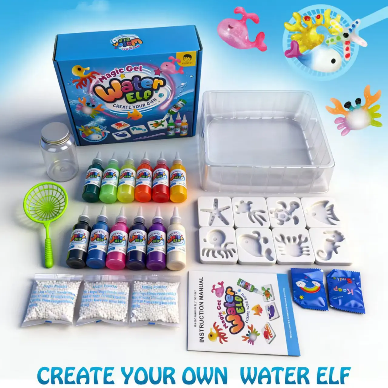 Magic Water Elf Toy Kit for Kids, Aqua Fairy Water Gel DIY Water Pets Craft Set with Color Gels & Sea Creature Molds, Sensory STEM Squishy Maker, Party Favors Birthday Gifts for Boys Girls Ages 3+