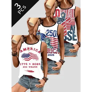 Women's 3-Piece Comfortable Loose Fit Patriotic Tank Tops - Racerback Crew Neck, 1776-2026 250th USA Anniversary Flag & Statue of Liberty Print, Sleeveless Casual Summer Vests for 4th of July