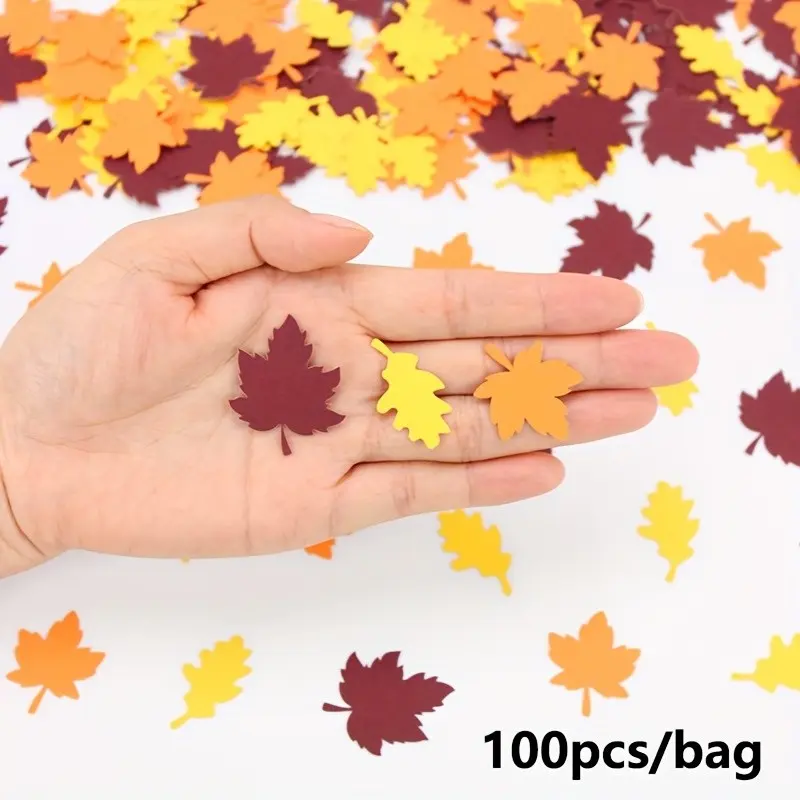 100pcs Autumn Thanksgiving Maple Leaf Confetti, Multicolor Paper Scraps for Thanksgiving Birthday Wedding Baby Shower Table Decorations