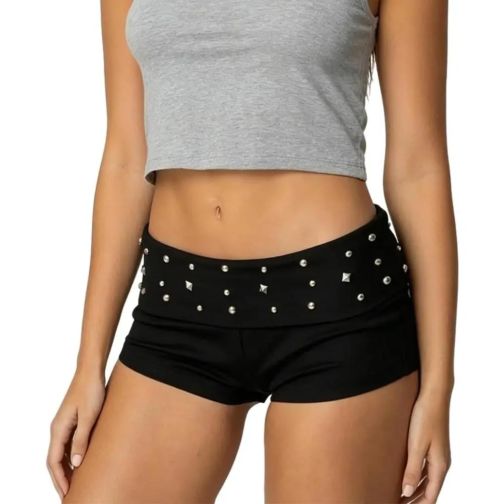 Women's Y2K Punk Studded Low-Rise Fold Over Skinny Micro Mini Shorts Sexy Bottom(Gift)