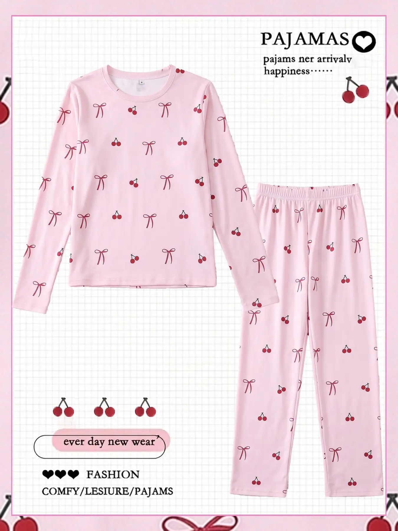 Women Crew Neck Long Sleeve Top And Long Pants Pajama Set, Lovely Cherry Print Loungewear, All Seasons Wearable, Coquette Aesthetic Home Outfit, Casual Sleepwear For Indoor Rest And Quick Short Errands, Loungewear Nightwear Pajamas