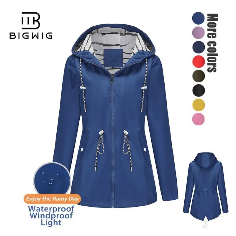 BIGWIG Lady's Lightweight High-Quality Polyester Hooded Raincoat Jackets - Waterproof, Windproof, Casual, Zippered, Solid Color, Adjustable Drawstring Waist Basic Garment for Rainy Days, Travel
