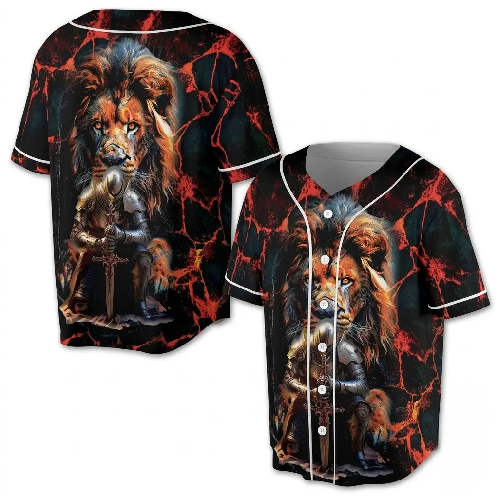 Knight Templar Lion Of Judah Graphic Button Up Baseball Jersey Unisex Casual Tee