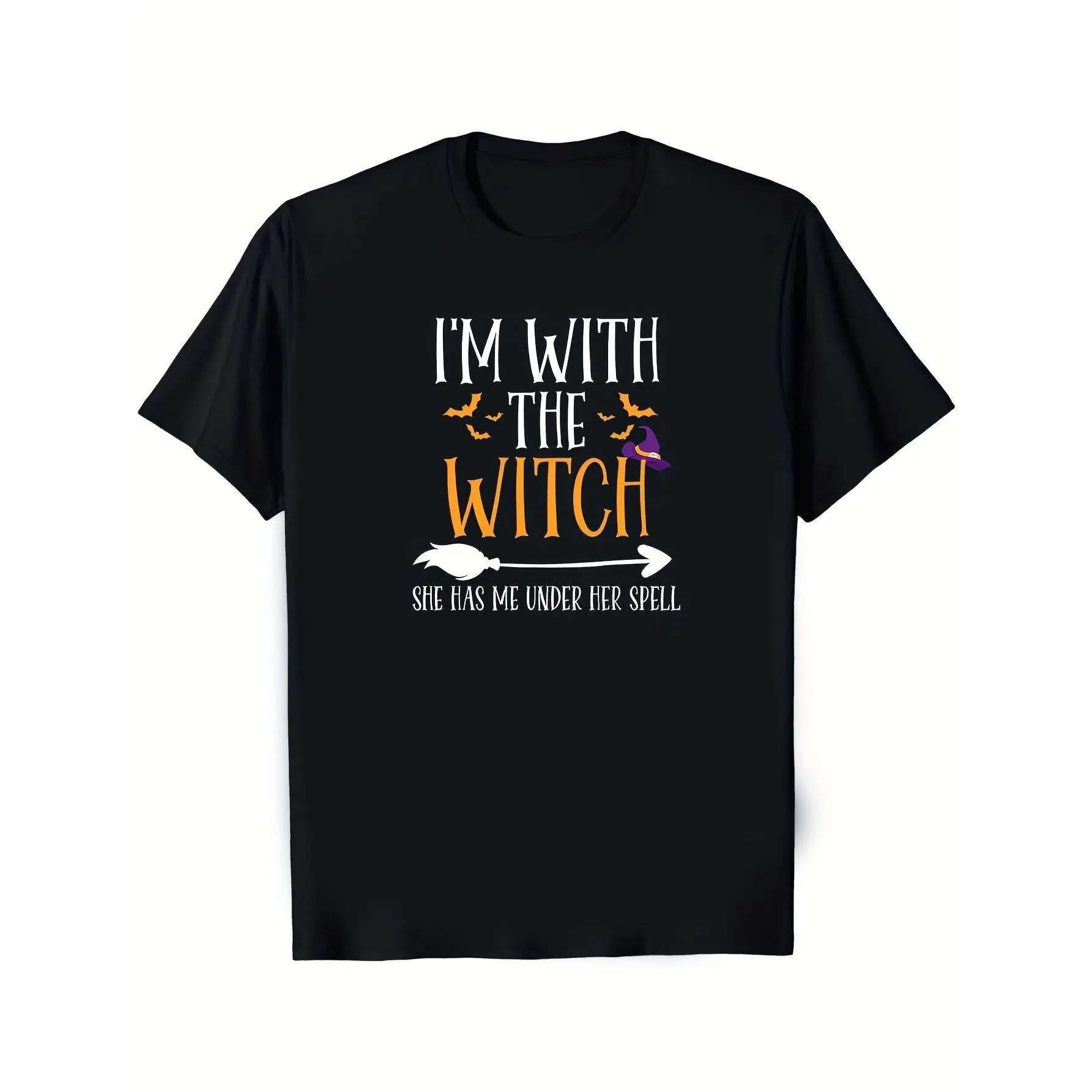 [Funny Humor] Myays with Witch, Halloween Couple Costume Fun T-- Solid Black, Humorous Witch and Batesin, Short Sleeves, Reular Fit, Washable, Halloween Parties