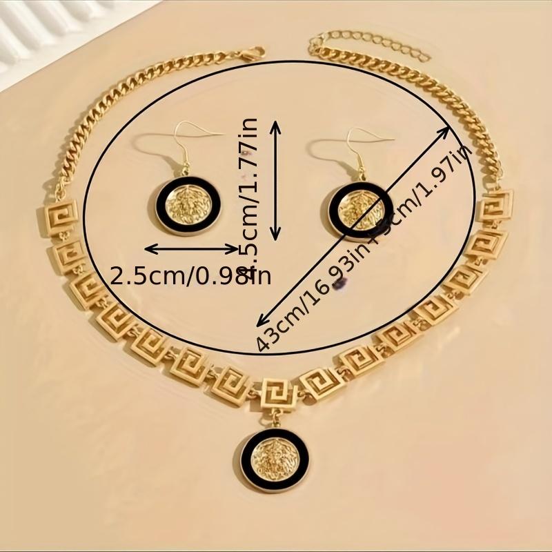 Inspired design fashion classic necklace and earring set with enamel lion head and Great Wall pattern chain, unisex style, elegant and luxurious, suitable for both men and women