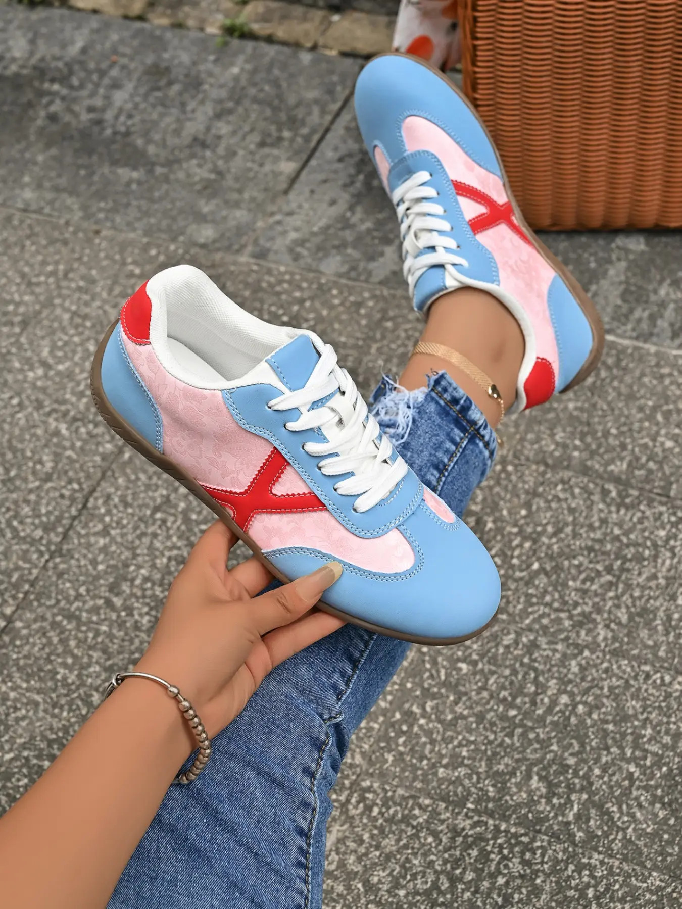 Women's Colorblock Trainer Shoes, Casual Low Top Lace-Up Sneakers, Lightweight Flat Campus Boardwalks, All-Season PU & Rubber Comfort