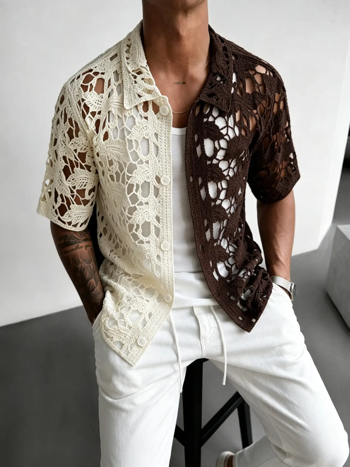 Men's Plaid Loose-Fit Short Sleeve Shirt, Breathable Knitted Fabric, Leaf Pattern Cut-Out Design, Casual Vacation Style, Perfect for Daily Wear