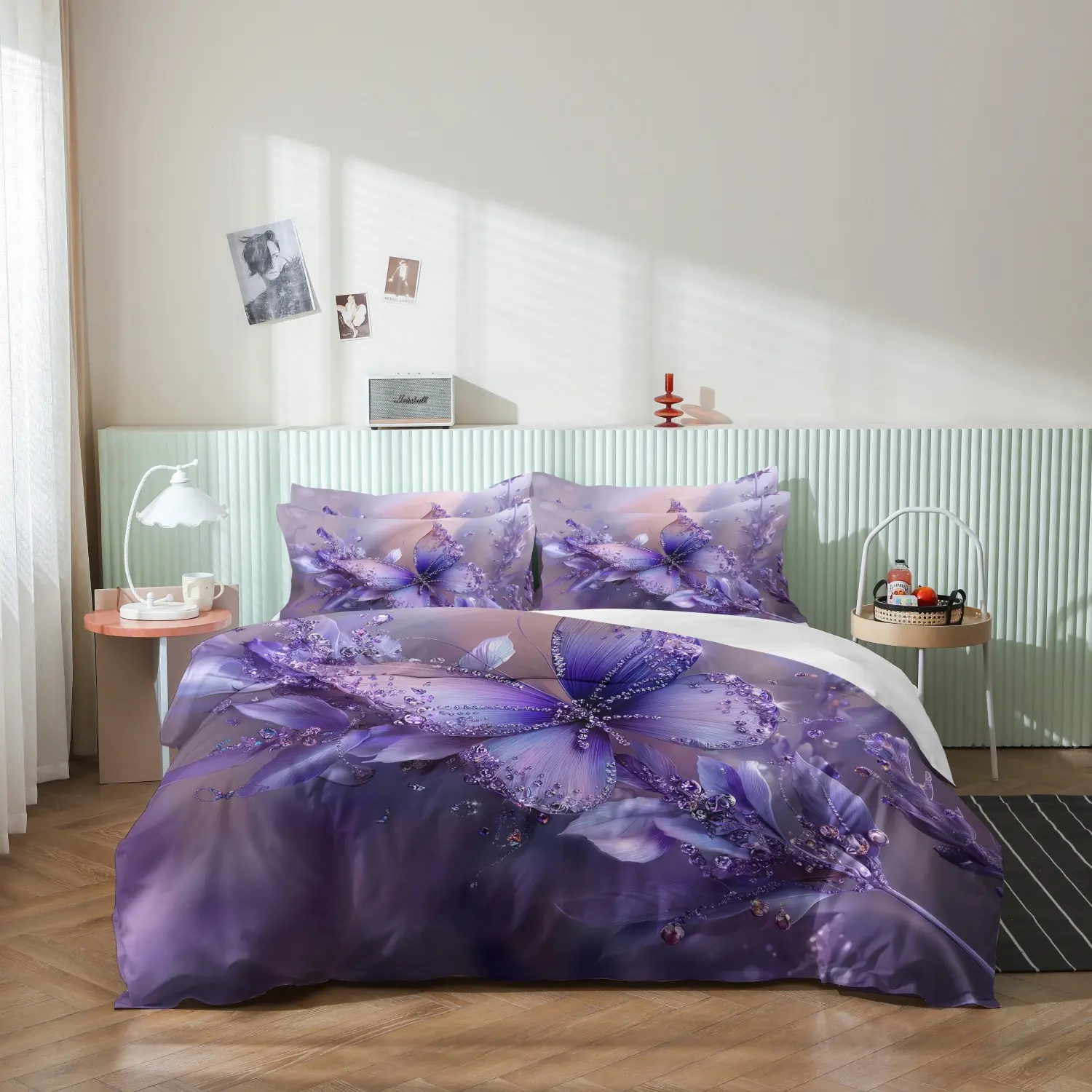 3 Pieces Gradient Purple Crystal Butterfly Duvet Cover Set, Rhinestone Floral Dreamy Print Bedding, Soft Microfiber Romantic Luxury Bedroom Decor (1 Duvet Cover + 2 Pillowcases, No Comforter No Pillow)