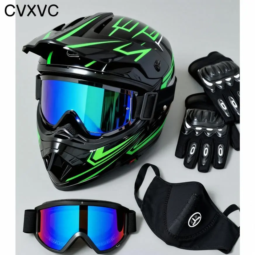 CVXVC Casco para Bicicleta Black Green Lightning DOT Full Face Motorcycle Helmet Adult Dirt Bike Helmet with Goggles Gloves Mask ATV UTV E-Bike Helmet Men Women Off-Road Racing Helmet Windproof Breathable