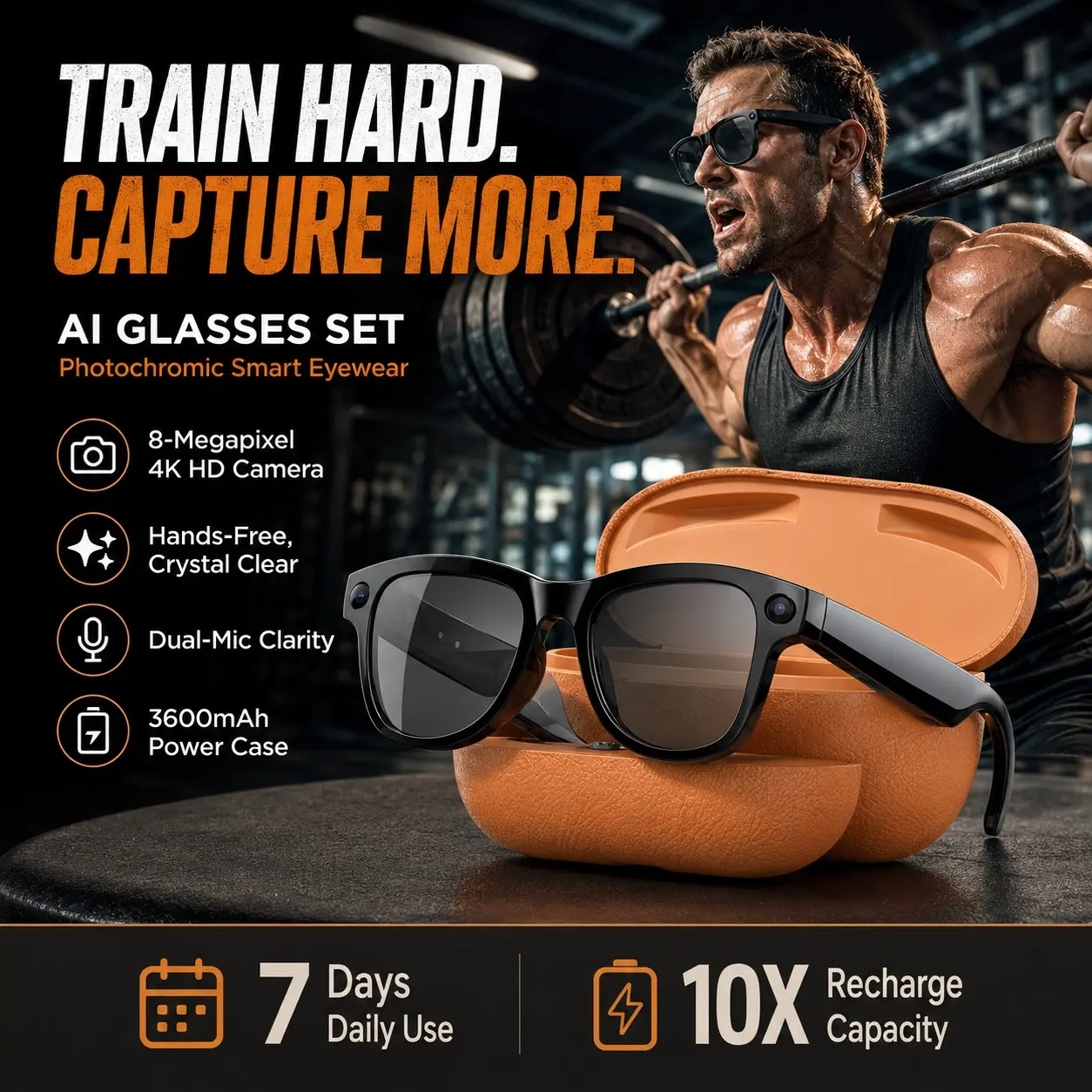 Gym Smart Glasses Open Ear Bluetooth Music & Calls for Weightlifting Workout Training Sessions