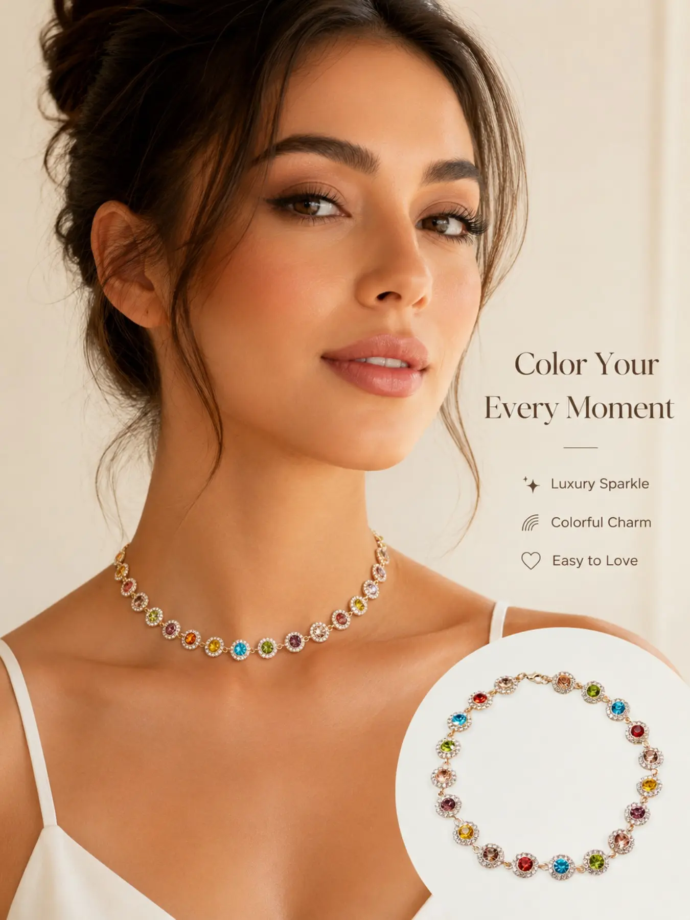 Colorful Rhinestone Alloy Necklace for Women, Elegant Statement Fashion Jewelry, Sparkling Crystal Design, Party, Birthday Gift, Holiday Accessories