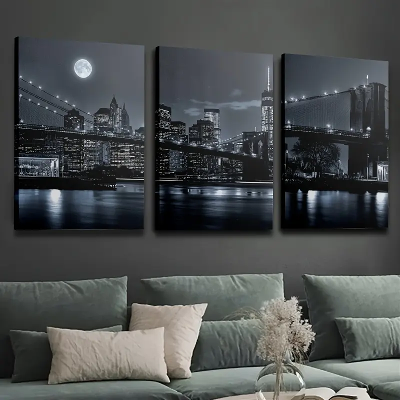 3-piece wooden frame canvas wall art - Night view of Brooklyn Bridge and the moon, modern art print, bright aesthetic decoration, suitable for living room, bedroom, office, ready to hang, ideal home decor gift, perfect holiday decoration for Halloween, Ch