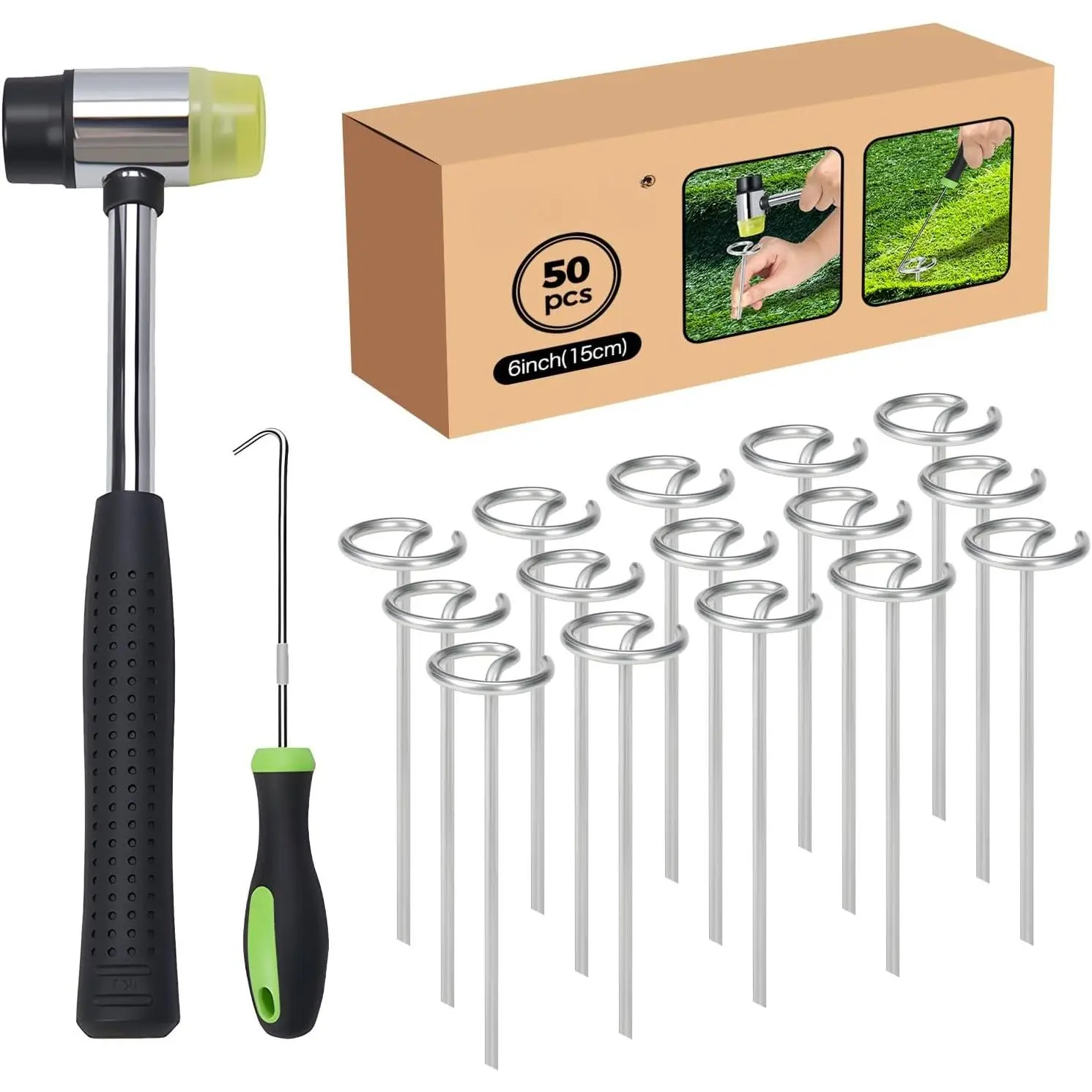 6 Inch Landscape Fabric , 50 count Garden Stakes Galvanized +Pick Hook +Rubber Mallet, G Shaped Weed Barrier Stakes 11 Gauge Lawn  Landscape Pins for Yard, Sod, Weed Mat