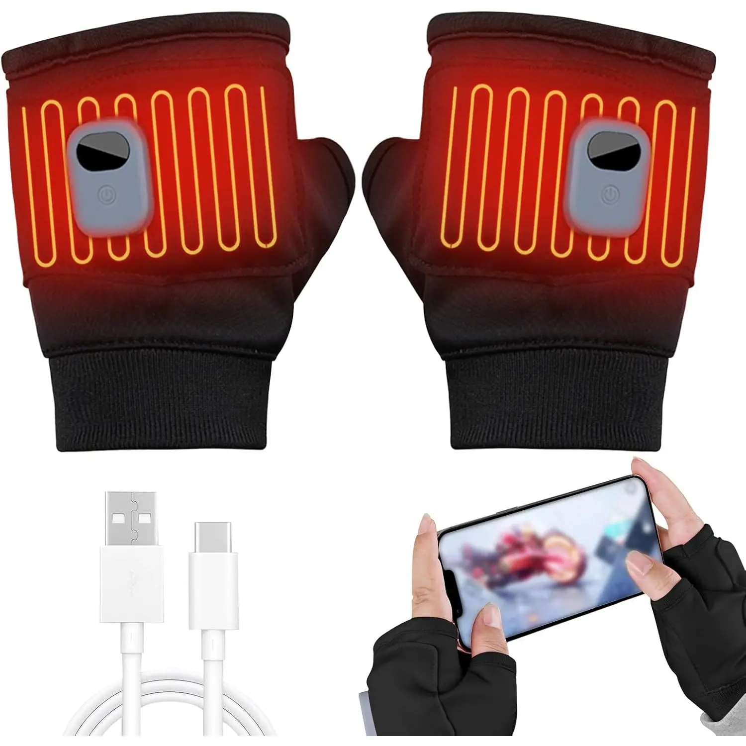 RODEWILL Rechargeable Heated Gloves for Men And Women - Fingerless Winter Gloves, USB Powered, Adjustable Wrist Strap And Ergonomic Design, Warm Gloves Suitable for Cycling, Skiing, Work