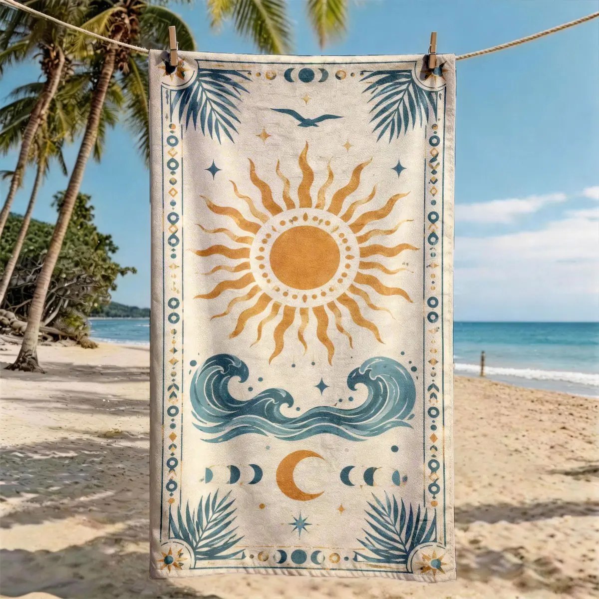 Vintage Sun Wave Moon Phase Palm Leaf Beach Towel, Multifunctional Towel, Oversized, Quick Dry, Ultra-Soft Polyester, Multi-use for Travel, Swimming, Camping, Fitness, Beach Vacations, Machine Washable, Gift for Friends and Family, Quick Drying Towels