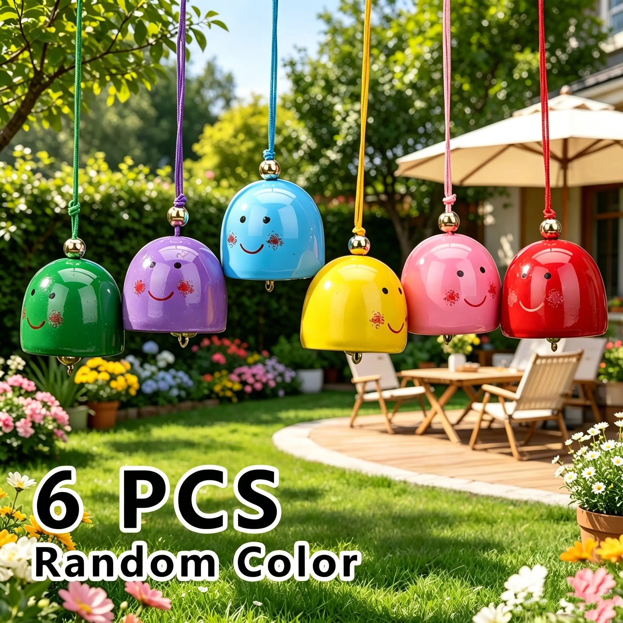 6 Piece Random Color Wind Chimes Set, Includes Hanging Rope and Bells, Creative Smiley Face Design, Metal DIY Material, Outdoor Garden Decor