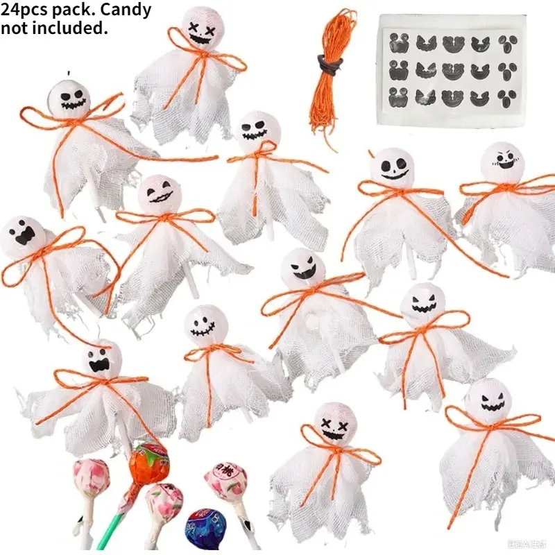 24 Packs Ghost Lollipop Wrappers Wrapping Halloween Weave Cloth DIY Candy Craft Labels for Trick or Treat Party Favors Candy Making Decorations