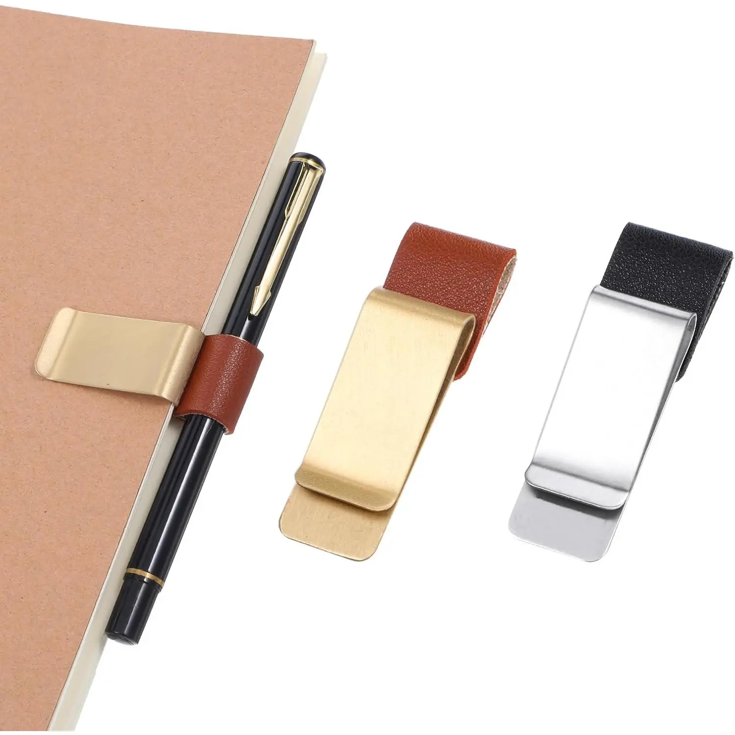 2 count PU Leather Pen Clips, Pen Holder for Notebook Metal Pens Loop Holder Notebook Pens Clip for Journal Notebooks Planner Clipboard Office (Black  + Brown )