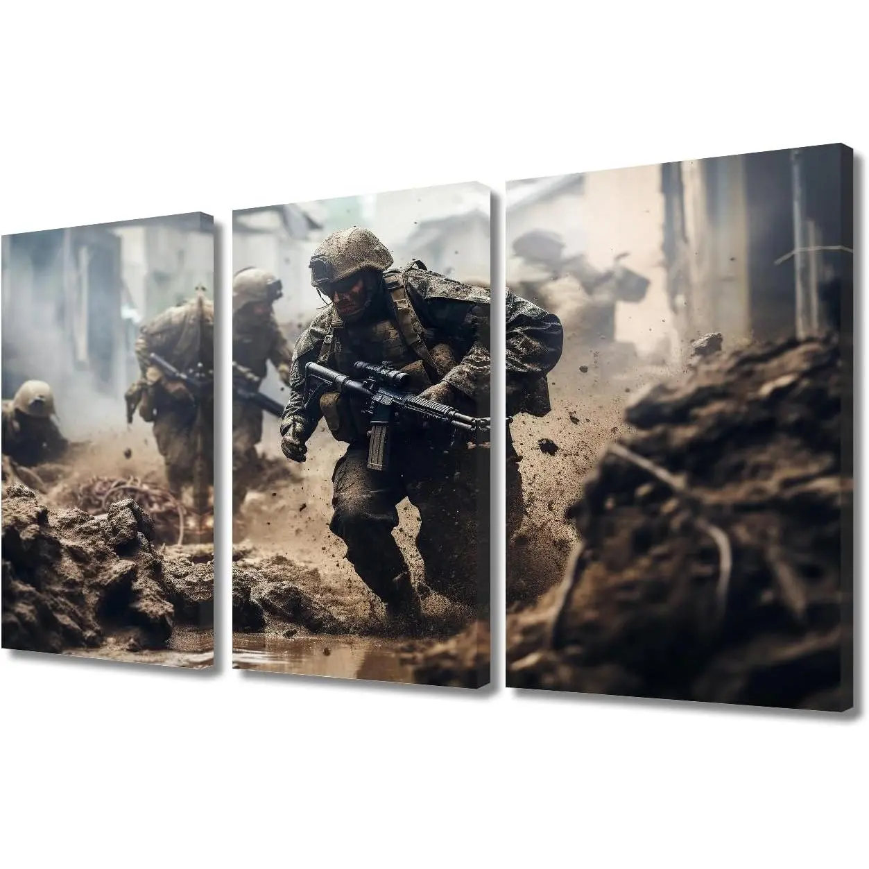 Warfront Canvas Wall Art 3-Panel Framed Military Print, Heavy Urban Combat Scene with Armed Soldiers in Assault Formations, 24" W x 36" H Home Decor Poster