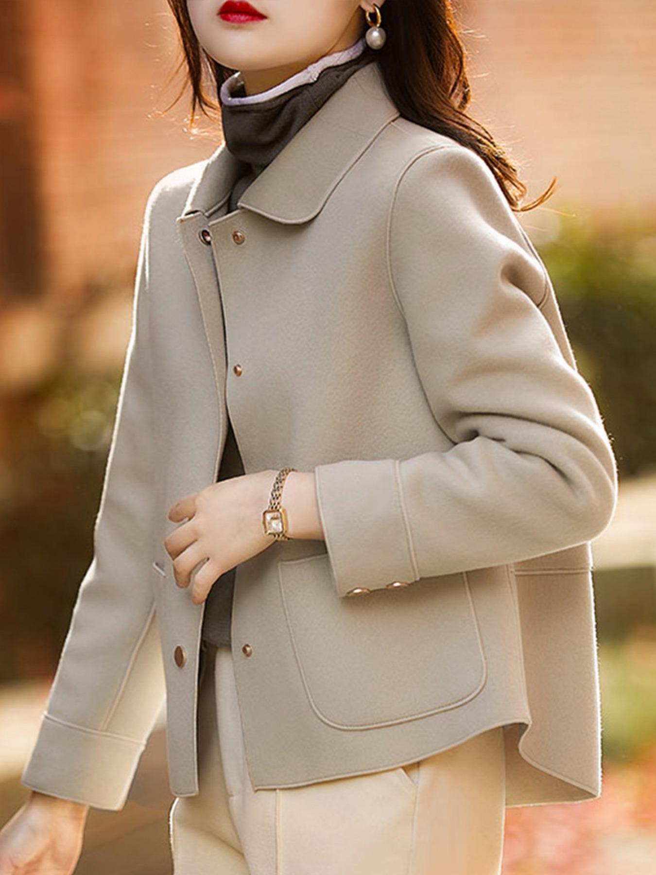 Women's Solid Button Front Pocket Pea Coat Jackets, Elegant Long Sleeve Collared Outerwear for Spring & Fall, Ladies Clothes for Daily Wear