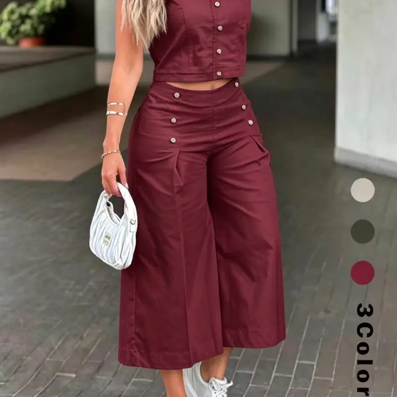 Women's Button Front Sleeveless Top and High-Waisted Wide Leg Pants Set, Casual Pantsuit, Casual Fashion Style Two-Piece Summer, Outdoor Wear 10432
