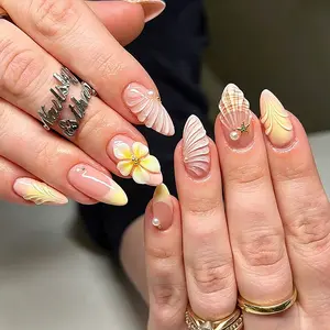 30 Pcs Almond Shape False Nails, Gradient Shell Flower Design, Summer Beach Style, Detachable Nail Tips, Perfect for Vacations and Dates