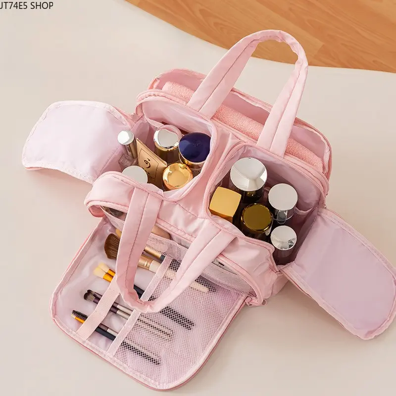 Unisex Multi-Layered Synthetic Cosmetic Bag - Large Capacity, Double-Zipper, Travel-Ready Portable Toiletry Bag with Shoulder Strap